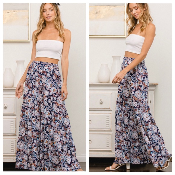 #09 Hippie Boho Chic Wide Leg Floral Pants With Ruffle Tier - Picture 5 of 5